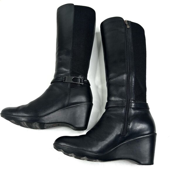 BLONDO Laina Tall Waterproof Black Leather Riding Boots Women's 7.5M Wedge Zip - Picture 7 of 15